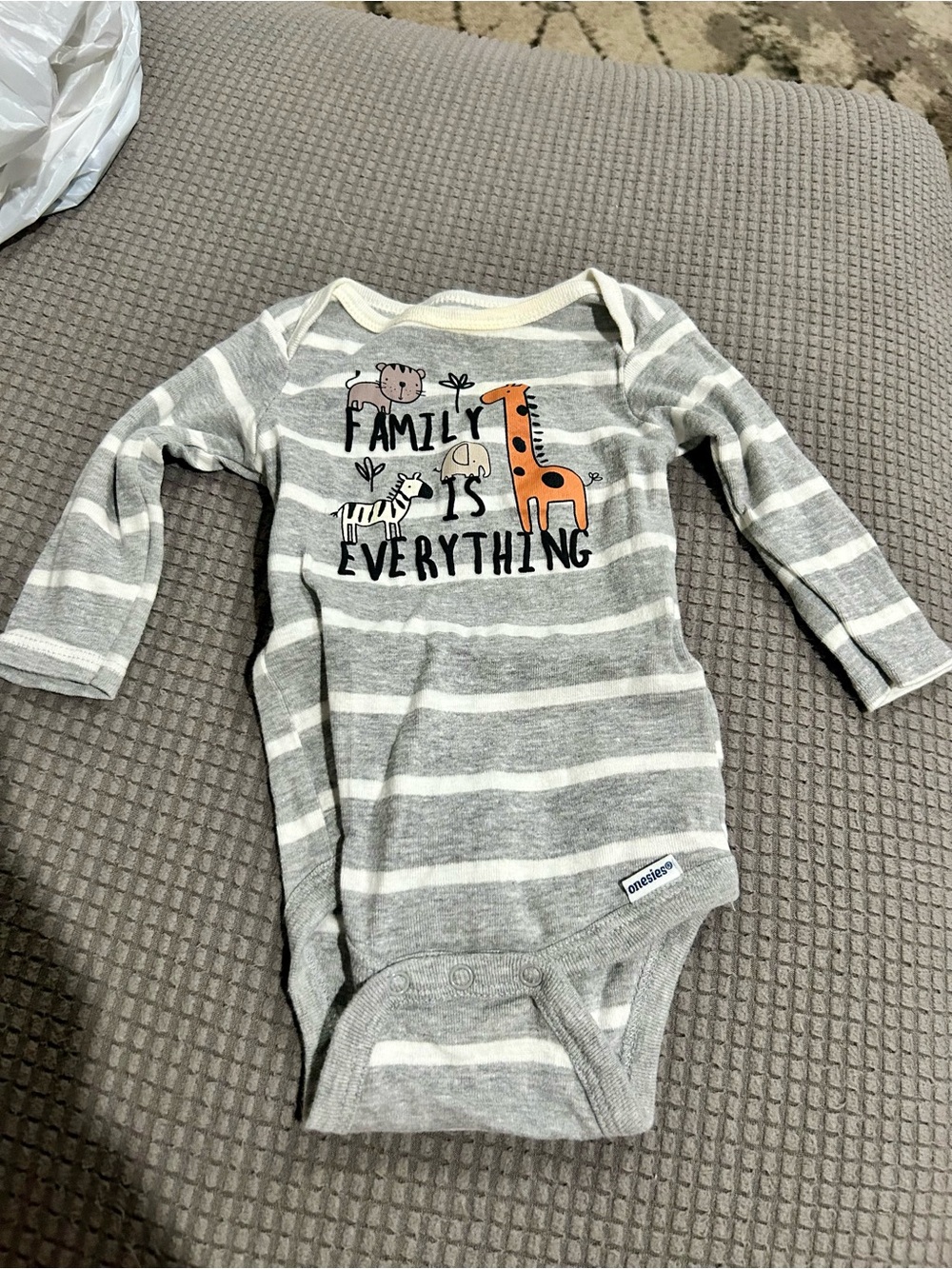 Gerber Gray & White Striped Baby One-Piece with 'Family Is Everything' Graphic